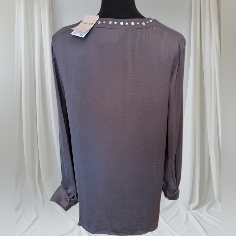 CARMEN MARC VALVO V-NECK STUDDED GREY SILKY DRESSY BUSINESS BLOUSE SIZE MED NEW - Picture 3 of 8